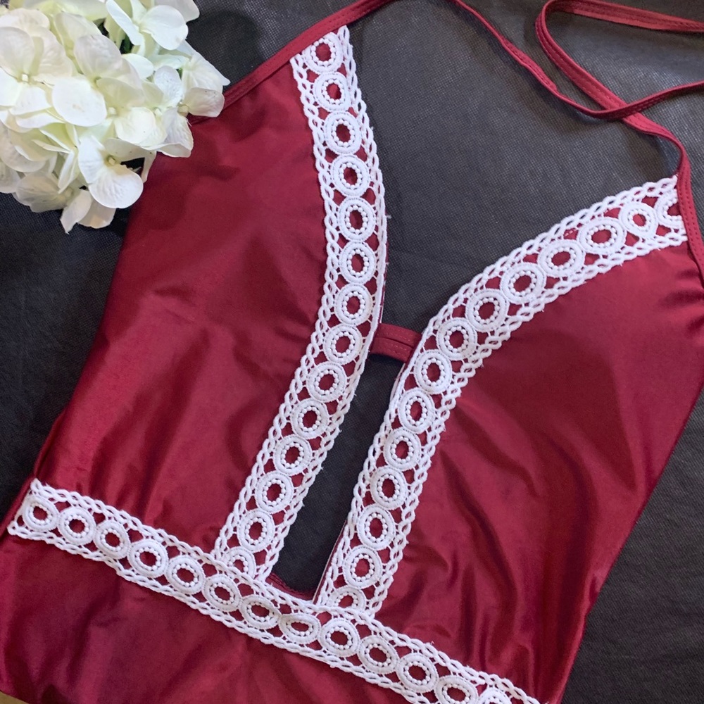 Burgundy One Piece Lace Cut Out Swimsuit